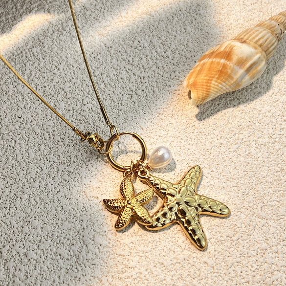Necklace Starfish Pearl Titanium Steel U Shaped Retro Electroplated Minimalist Cross Chain