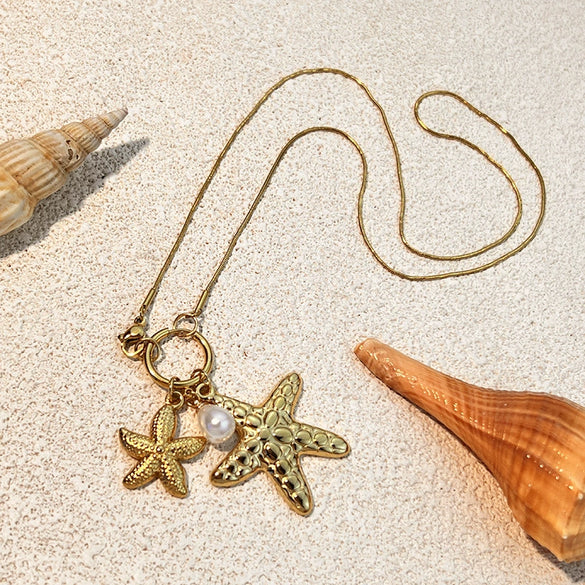 Necklace Starfish Pearl Titanium Steel U Shaped Retro Electroplated Minimalist Cross Chain