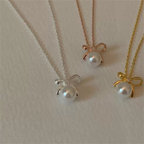 Necklace 925 Sterling Silver Bow Pearl Geometric Electroplating