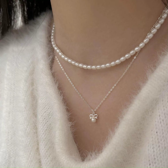 Necklace 925 Sterling Silver Bow Pearl Snake Bone Chain Geometric Style Electroplated