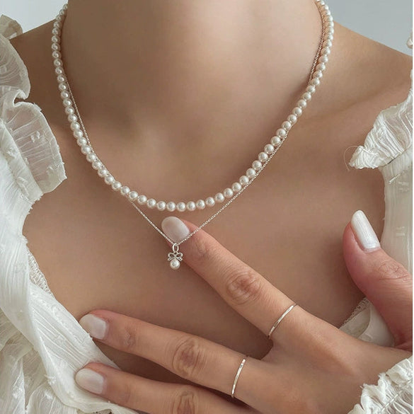 Necklace 925 Sterling Silver Bow Pearl Snake Bone Chain Geometric Style Electroplated