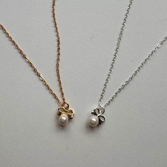 Necklace 925 Sterling Silver Bow Pearl Snake Bone Chain Geometric Style Electroplated
