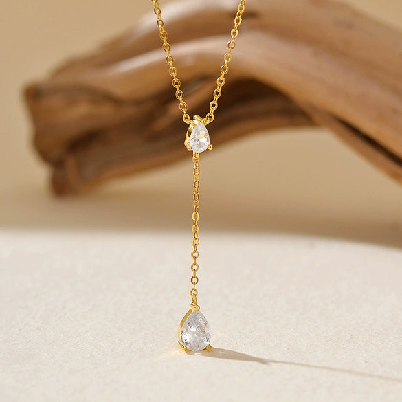 Necklace 925 Sterling Silver Geometric Microinlay Water Drop Zircon Yshaped Tassel Chain Unisex