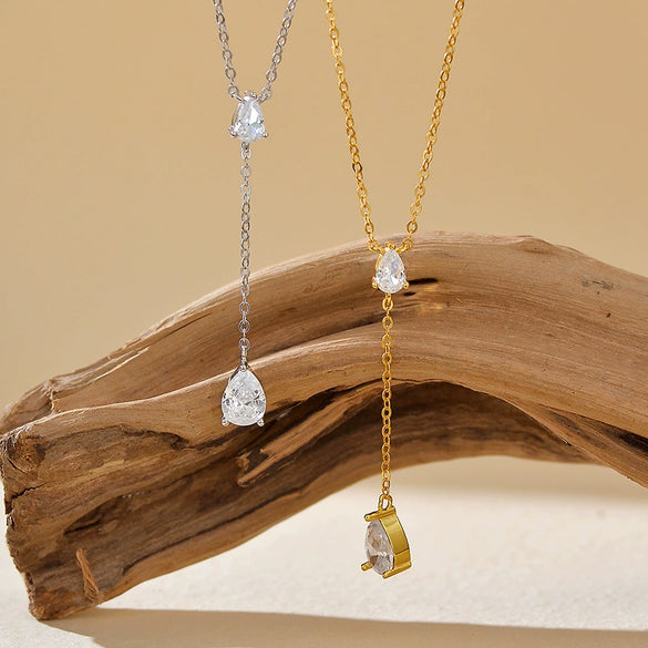 Necklace 925 Sterling Silver Geometric Microinlay Water Drop Zircon Yshaped Tassel Chain Unisex