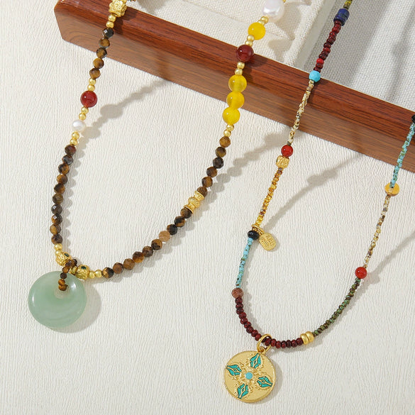 Necklace Tiger Eye Stone Natural Freshwater Pearl Green Aventurine Stainless Steel Geometric Vintage Handmade Women