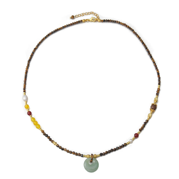 Necklace Tiger Eye Stone Natural Freshwater Pearl Green Aventurine Stainless Steel Geometric Vintage Handmade Women