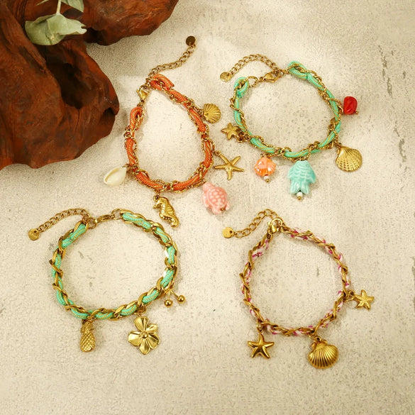 Necklace Titanium Steel Animal Zodiac Pattern Electroplating Ocean Style Pineapple Flower Cherry Pendant Braided Rope