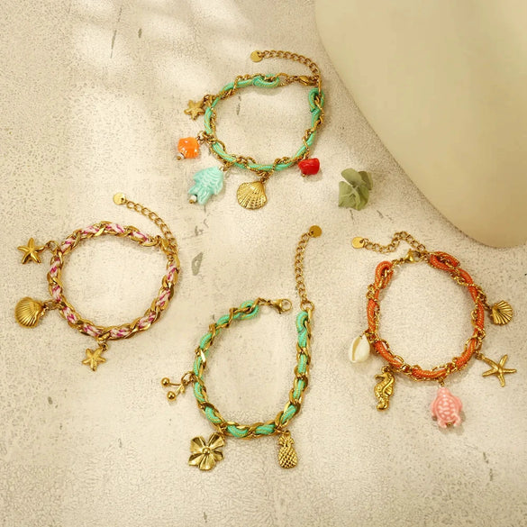 Necklace Titanium Steel Animal Zodiac Pattern Electroplating Ocean Style Pineapple Flower Cherry Pendant Braided Rope