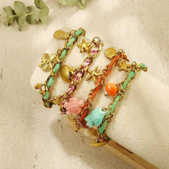 Necklace Titanium Steel Animal Zodiac Pattern Electroplating Ocean Style Pineapple Flower Cherry Pendant Braided Rope