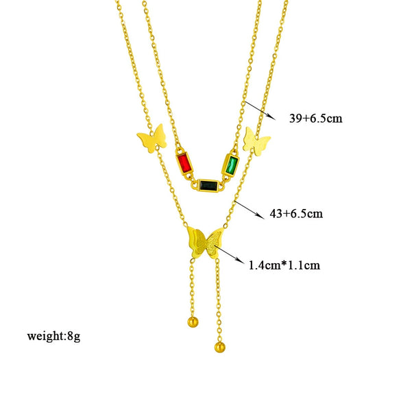 Necklace Titanium Steel Colorful Butterfly Tassel Doublelayer Glossy Frosted Electroplating