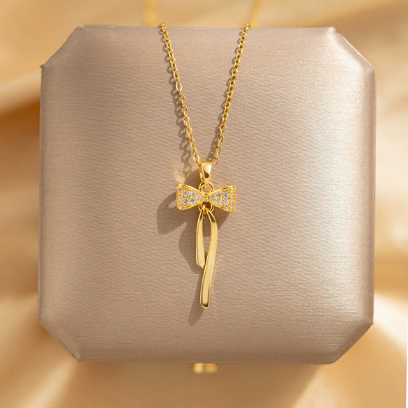 Necklace Titanium Steel Copper Bow Tassel 18K Gold Plated Electroplating For Women