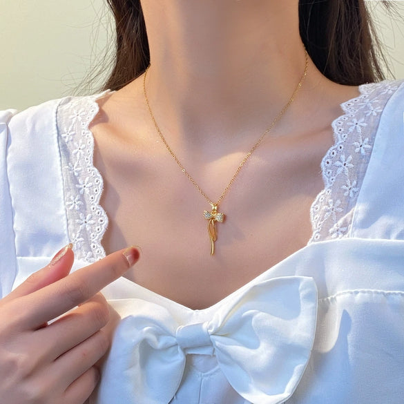 Necklace Titanium Steel Copper Bow Tassel 18K Gold Plated Electroplating For Women