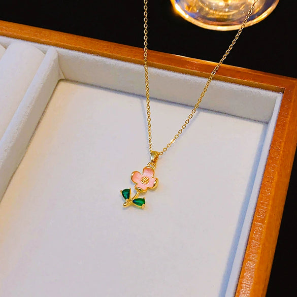 Necklace Titanium Steel Copper Dripping Oil Flower Pendant Light Luxury Women's