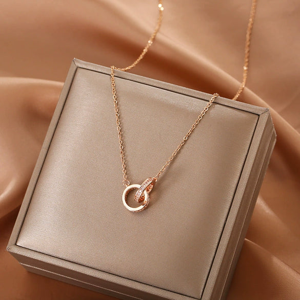 Necklace Titanium Steel Copper Geometric Double Ring Full Diamond O Word Chain Women's