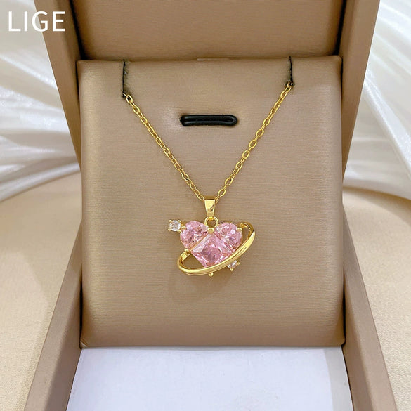 Necklace Titanium Steel Copper Geometric Love Pink Cartoon Style