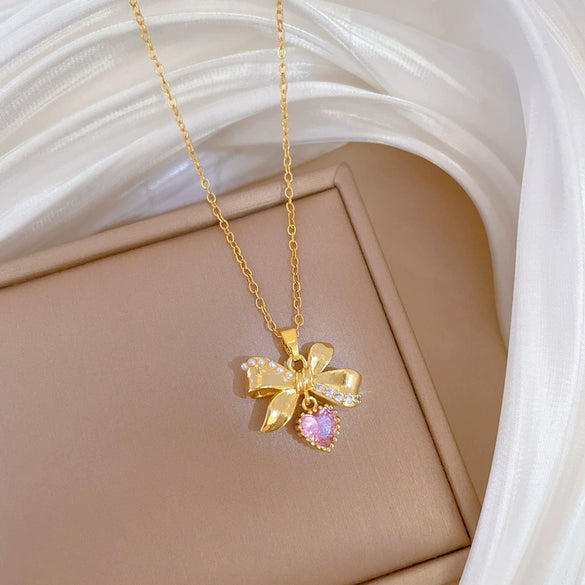 Necklace Titanium Steel Copper Geometric Style Butterfly Love Full Diamond Unisex