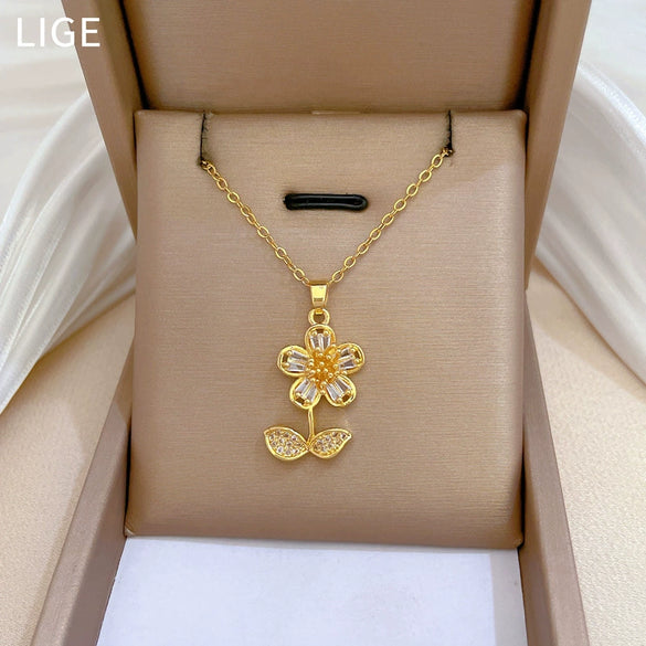 Necklace Titanium Steel Copper Geometric Style Green Leaf Flower Full Diamond