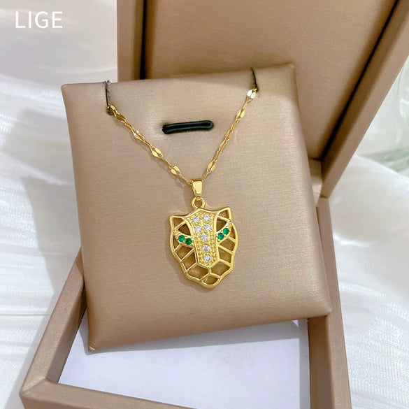 Necklace Titanium Steel Copper Greeneyed Leopard Head Geometric Light Luxury Elegant Gorgeous Unisex Allmatch Clavicle Chain