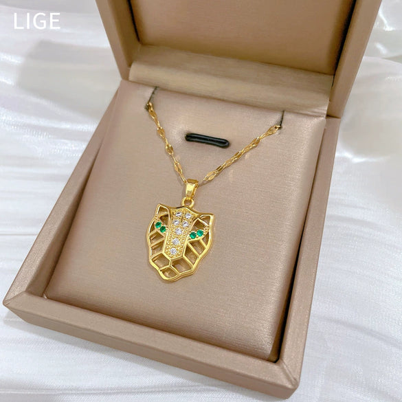 Necklace Titanium Steel Copper Greeneyed Leopard Head Geometric Light Luxury Elegant Gorgeous Unisex Allmatch Clavicle Chain