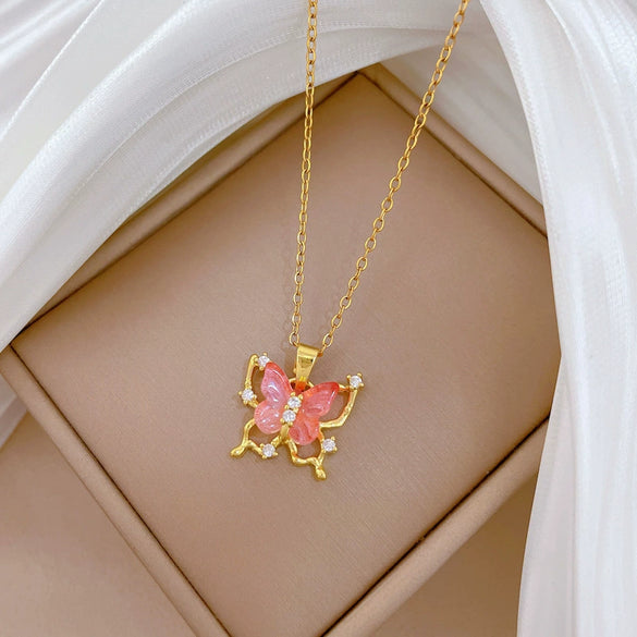Necklace Titanium Steel Copper Hollow Pink Butterfly Geometric Cartoon Minimalist Stainless Steel