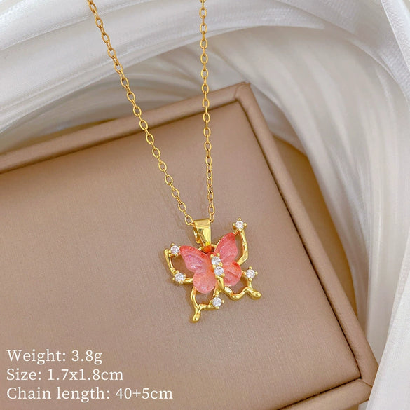 Necklace Titanium Steel Copper Hollow Pink Butterfly Geometric Cartoon Minimalist Stainless Steel