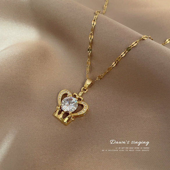 Necklace Titanium Steel Copper Love Heart Crown Geometric Cartoon Style Set With Diamonds Unisex