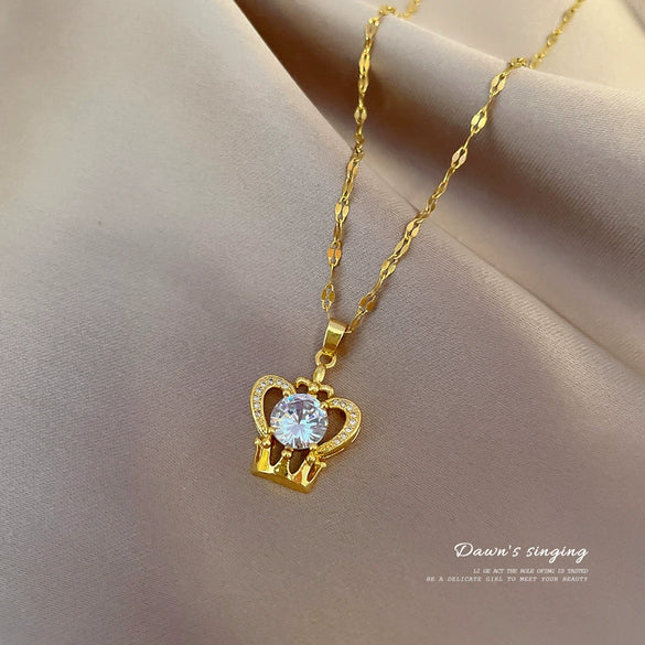 Necklace Titanium Steel Copper Love Heart Crown Geometric Cartoon Style Set With Diamonds Unisex
