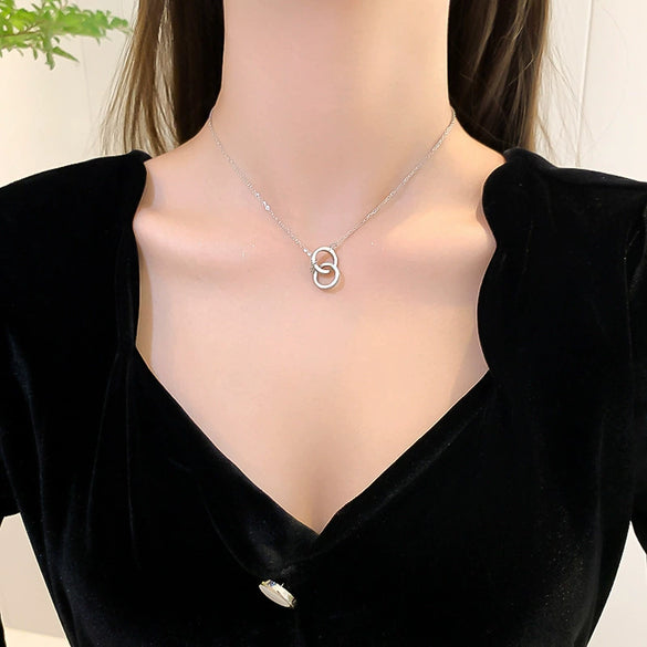 Necklace Titanium Steel Copper Microinlaid Diamond Double Ring Geometric Light Luxury Design For Women