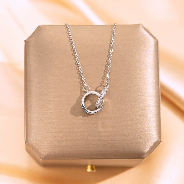 Necklace Titanium Steel Copper Microinlaid Diamond Double Ring Geometric Light Luxury Design For Women