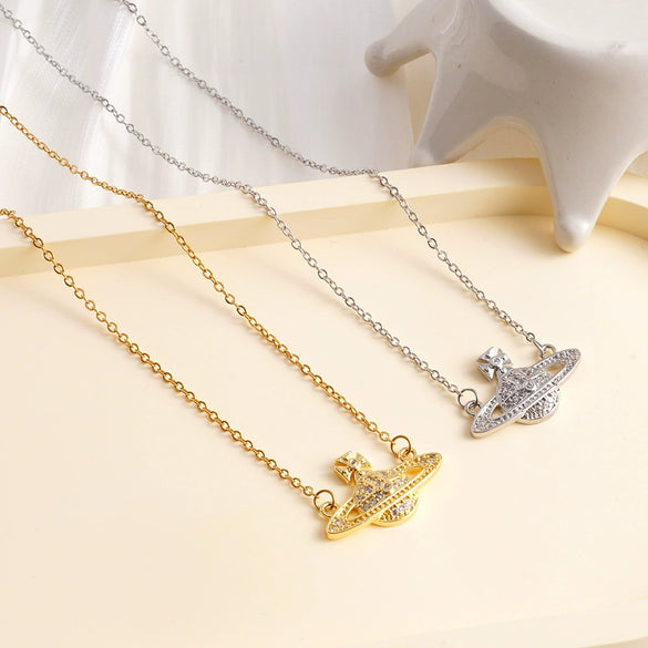 Necklace Titanium Steel Copper Mixed Gemstone Inlay Geometric Saturn Electroplating Light Luxury Style Women's
