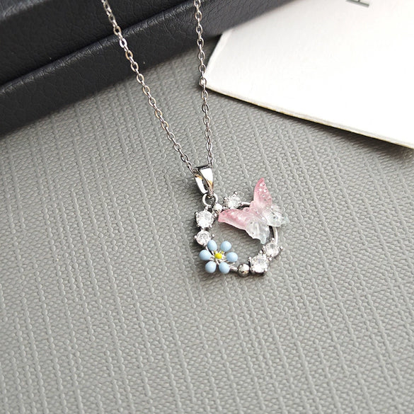 Necklace Titanium Steel Copper Pink Flower Butterfly Hollow Bow Electroplating Design For Women
