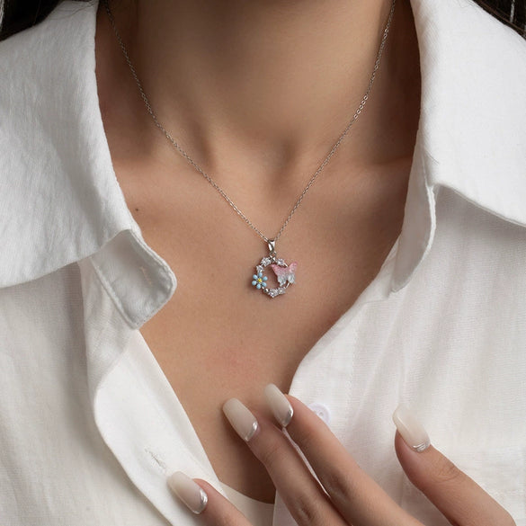 Necklace Titanium Steel Copper Pink Flower Butterfly Hollow Bow Electroplating Design For Women
