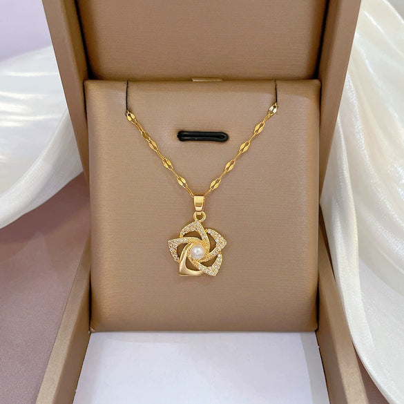 Necklace Titanium Steel Copper Real Gold Electroplated Diamond Micropaved Zircon Pearl Rotating Flower Geometric Cartoon Style