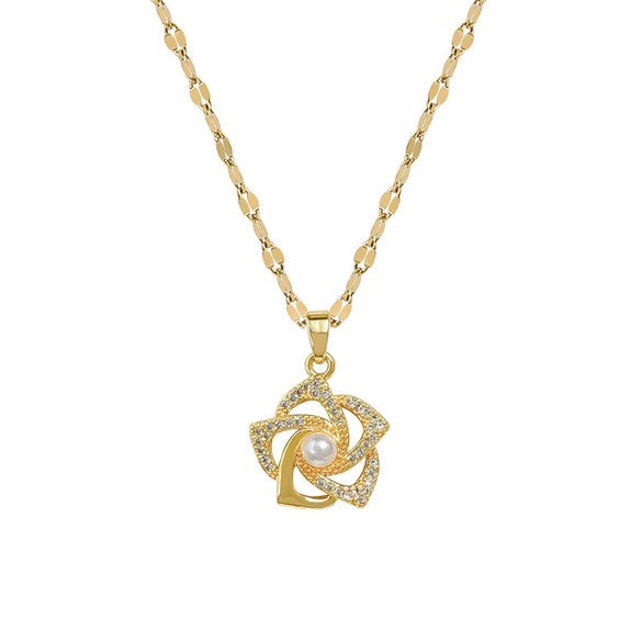 Necklace Titanium Steel Copper Real Gold Electroplated Diamond Micropaved Zircon Pearl Rotating Flower Geometric Cartoon Style