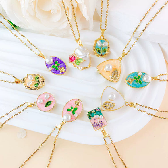 Necklace Titanium Steel Copper Real Gold Plated Oil Painting Tulip Geometric Sweet Style Cross Chain