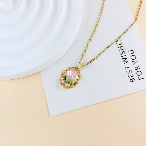 Necklace Titanium Steel Copper Real Gold Plated Oil Painting Tulip Geometric Sweet Style Cross Chain