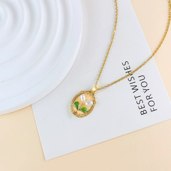 Necklace Titanium Steel Copper Real Gold Plated Oil Painting Tulip Geometric Sweet Style Cross Chain