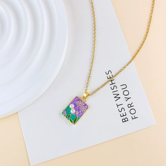 Necklace Titanium Steel Copper Real Gold Plated Oil Painting Tulip Geometric Sweet Style Cross Chain