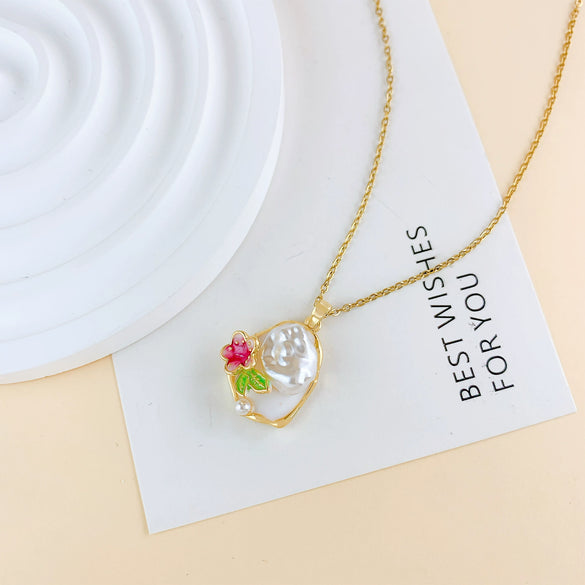 Necklace Titanium Steel Copper Real Gold Plated Oil Painting Tulip Geometric Sweet Style Cross Chain