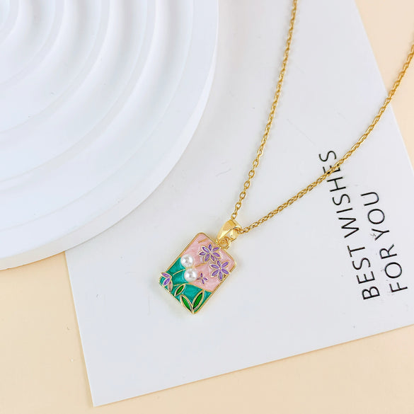 Necklace Titanium Steel Copper Real Gold Plated Oil Painting Tulip Geometric Sweet Style Cross Chain