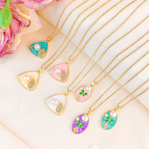 Necklace Titanium Steel Copper Real Gold Plated Oil Painting Tulip Geometric Sweet Style Cross Chain