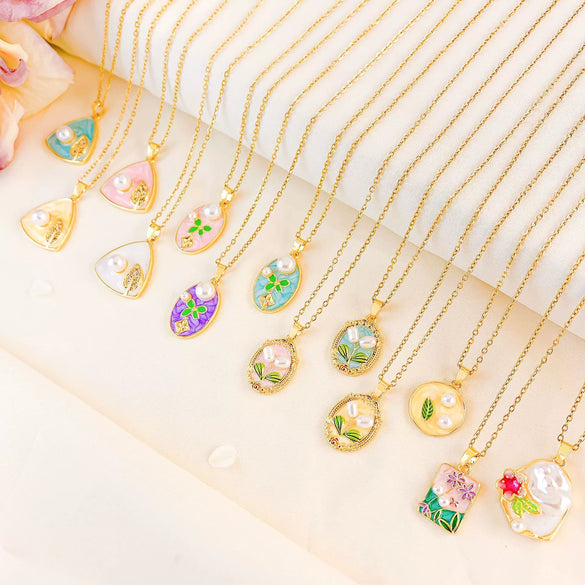 Necklace Titanium Steel Copper Real Gold Plated Oil Painting Tulip Geometric Sweet Style Cross Chain