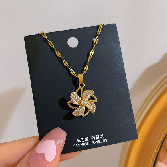 Necklace Titanium Steel Copper Rotating Windmill Hollow Geometric Cartoon Style