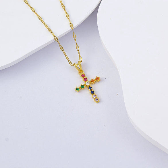 Necklace Titanium Steel Copper Water Wave Chain Cross Pendant Electroplated Light Luxury Elegant Highend Jewelry
