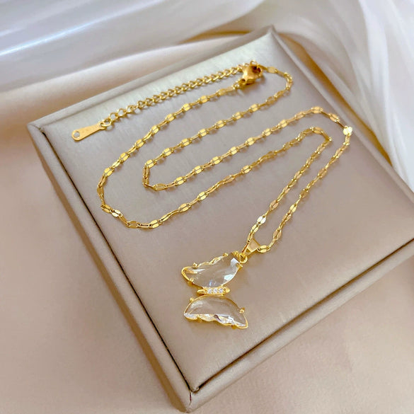 Necklace Titanium Steel Copper Zircon Butterfly Geometric Electroplating Female