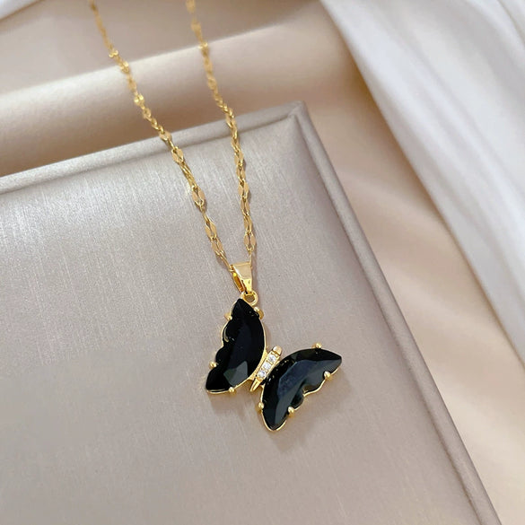 Necklace Titanium Steel Copper Zircon Butterfly Geometric Electroplating Female