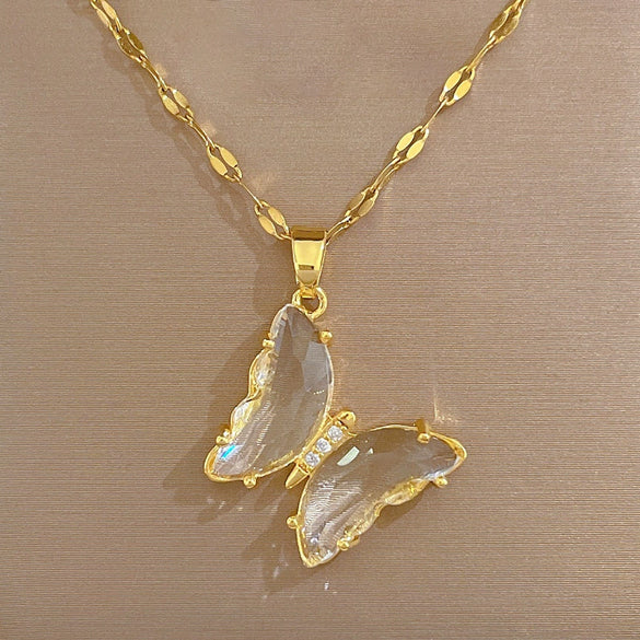 Necklace Titanium Steel Copper Zircon Butterfly Geometric Electroplating Female