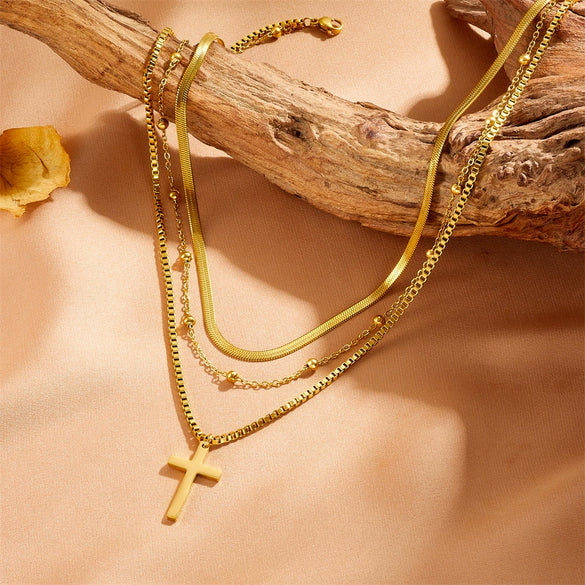 Necklace Titanium Steel Cross Geometric Electroplating Bamboo Chain Three Layer