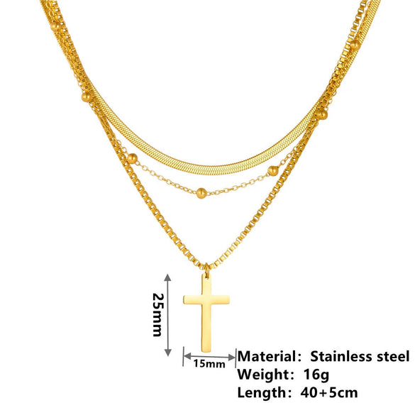 Necklace Titanium Steel Cross Geometric Electroplating Bamboo Chain Three Layer
