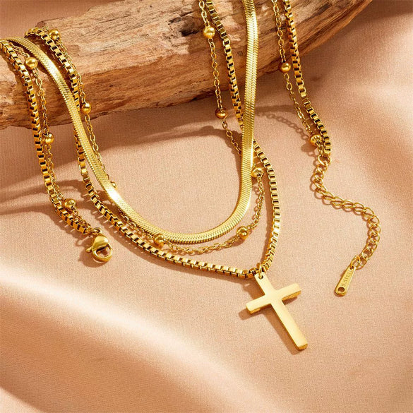 Necklace Titanium Steel Cross Geometric Electroplating Bamboo Chain Three Layer